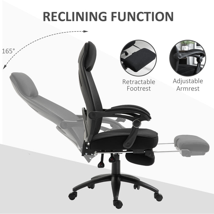 Ergonomic Mesh Office Chair with Extendable Footrest - High-Back Recliner with Adjustable Height and Headrest, in Black - Ideal for Home Office and Lunch Break Relaxation