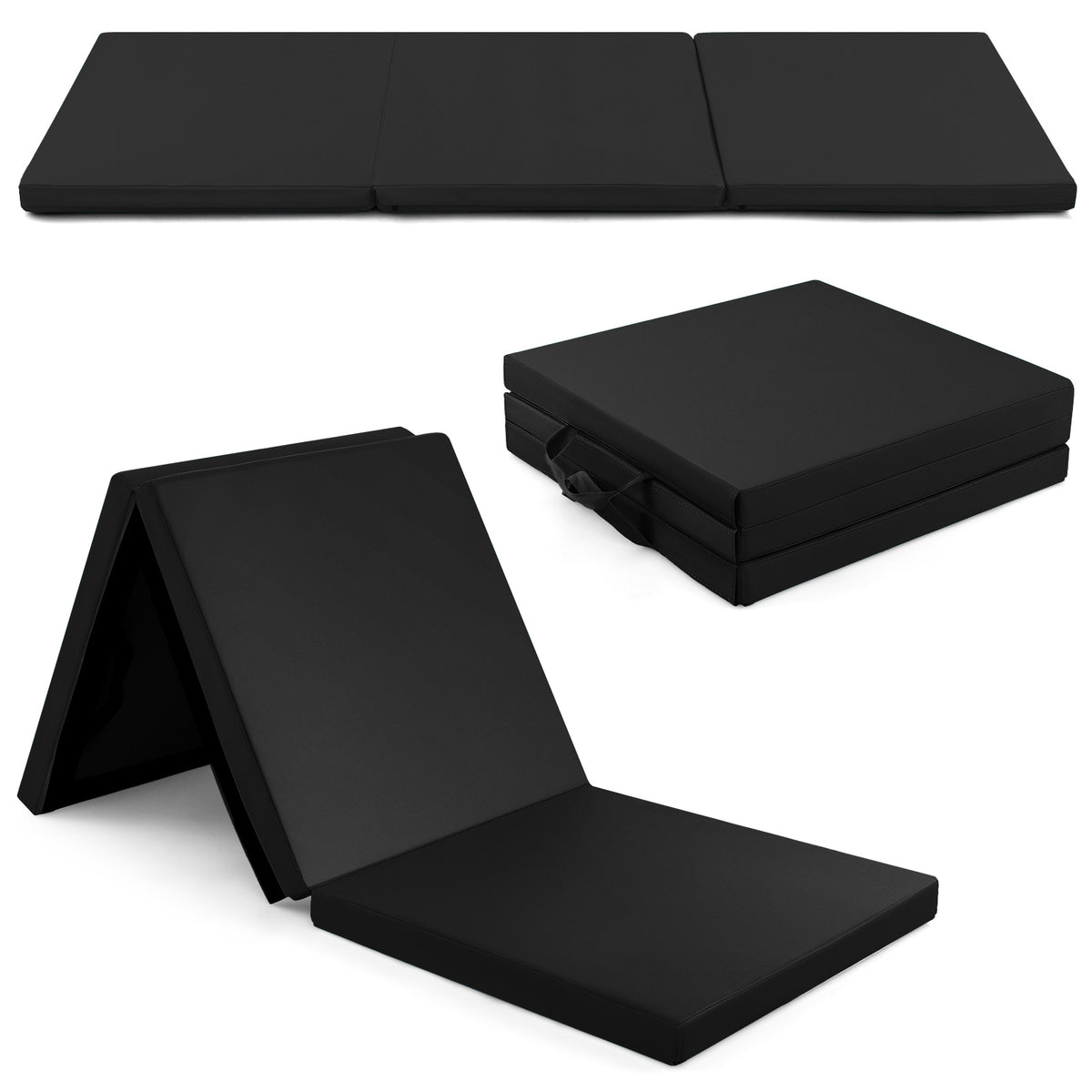 Tri-Fold Fitness Mat - High-Quality Black PU Leather Covered Exercise Mat - Ideal for Gym Workouts, Stretching and Yoga