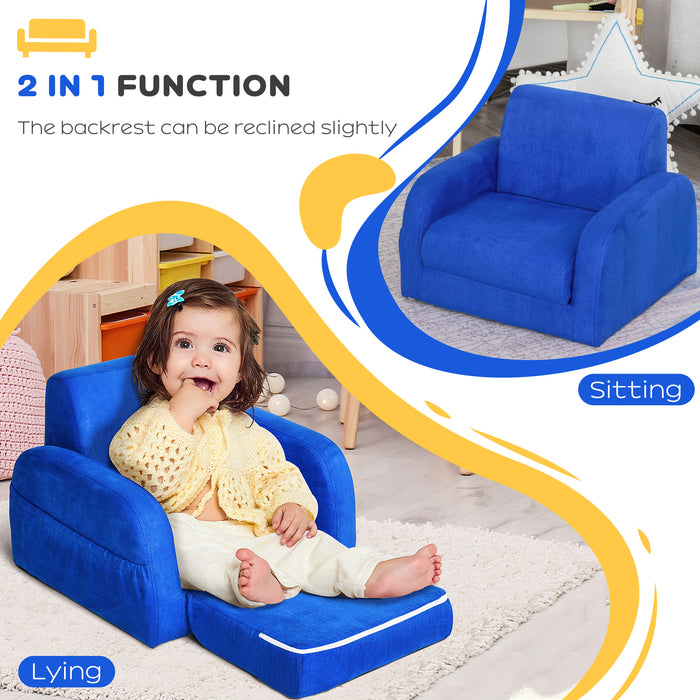 Kids 2-in-1 Sofa Chair Bed - Folding Soft Flannel Foam Couch for Toddlers - Convertible Furniture for Playroom & Bedroom, Ages 3-4, Blue