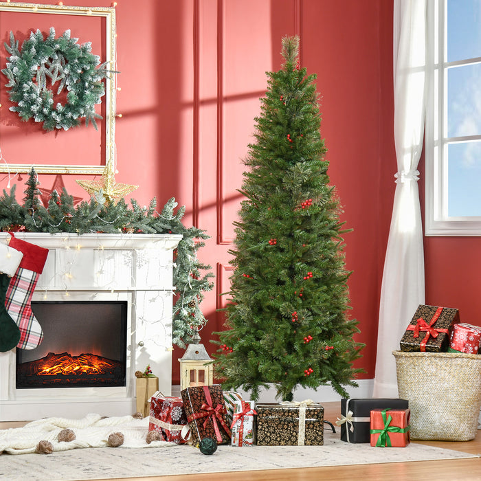 Slim Artificial Christmas Tree with Lifelike Foliage - Red Berry Accents & Hassle-Free Auto Open Design - Perfect for Festive Holiday Decor