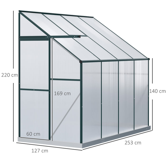 Heavy Duty Aluminium Lean-to Greenhouse - Walk-In Wall Greenhouse with Polycarbonate Panels and Roof Vent, 253x127x220 cm - Ideal for Protecting Plants and Seedling Growth