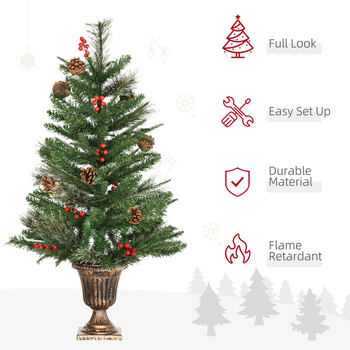 Artificial Christmas Tree Duo - 3ft Pre-Decorated Trees with 110 Lifelike Branches, Pine Cones, Berries in Gold Pot - Ideal for Doorways and Porch Holiday Decor