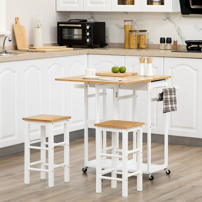 Bamboo Kitchen Island Set with Stools - Rolling Breakfast Cart with Drop Leaf, Drawers, Towel Rack - Space-Saving Dining Solution for Small Apartments