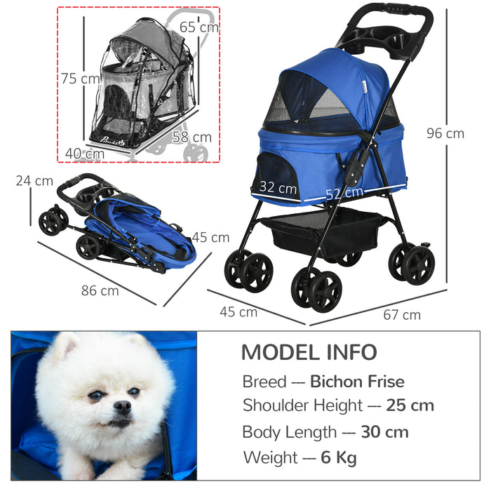 Deluxe Pet Stroller with Waterproof Rain Cover - Easy One-Click Fold Trolley, EVA Wheels, Braking System, Bottom Storage Basket, & Adjustable Canopy - Comfortable Ride for Small Dogs and Cats with Safety Leash Feature