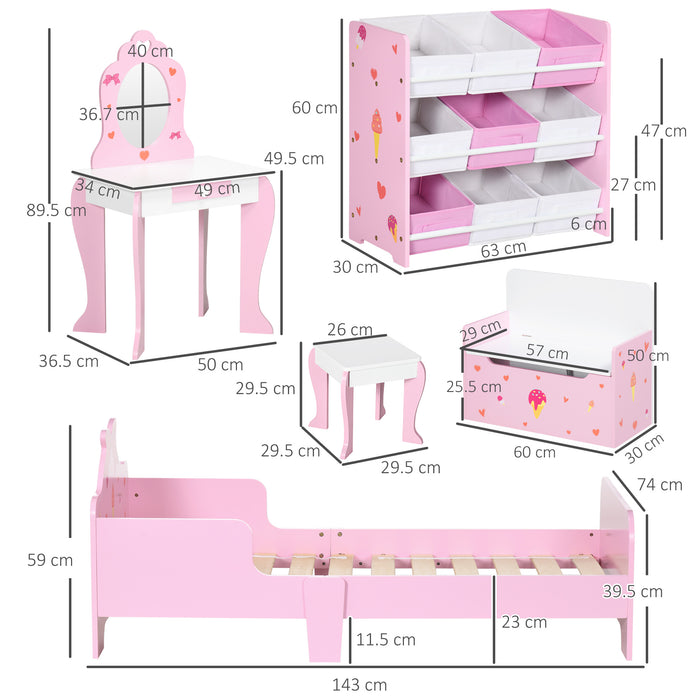 Princess Bedroom Set for Kids - 5PCs: Includes Bed, Toy Box Bench, Storage, Dressing Table & Stool - Ideal for Ages 3-6, Pink Decor