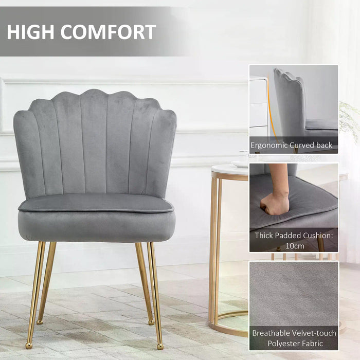 Velvet-Feel Shell Accent Chair - Luxurious Glam Vanity Seat with Metal Legs and Comfort Padding for Bedroom & Lounge - Stylish Makeup Chair in Grey for Elegant Home Decor