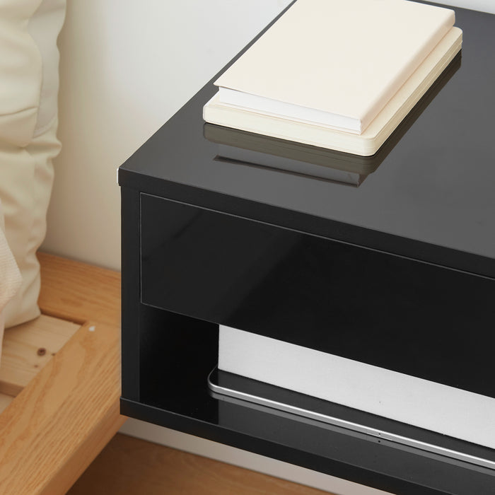 Wall Mounted Nightstand with Drawer - 2 Pieces Space-Saving Bedside Table, 37x32x21cm, High Gloss Black - Ideal for Bedroom Organization and Style