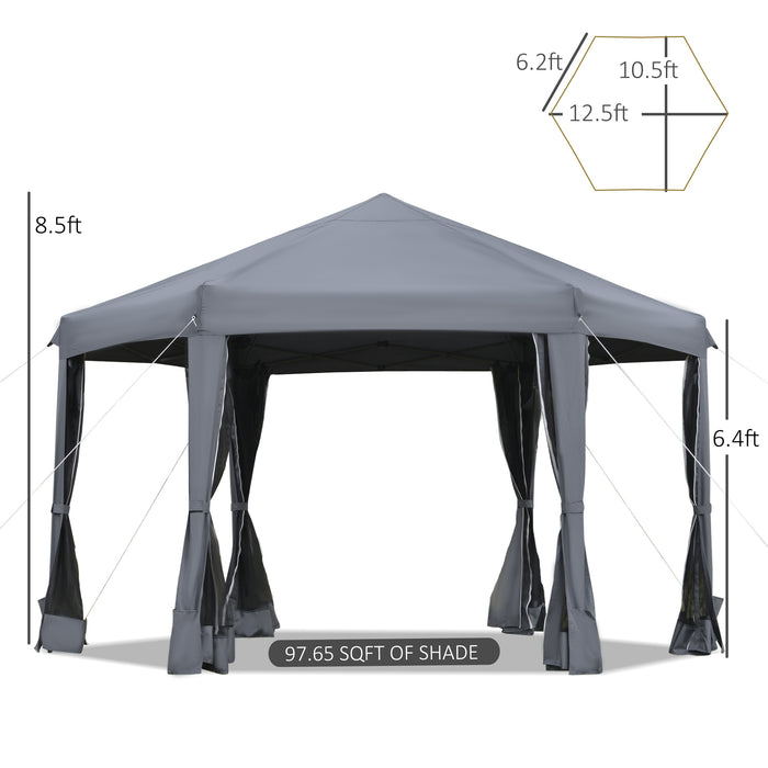 3.2m Canopy Rentals Hexagonal Pop Up Gazebo - Outdoor Canopy Tent with Sun Protection and Mesh Sidewalls, Includes Handy Carry Bag - Ideal for Parties, Events, and Garden Shade in Grey