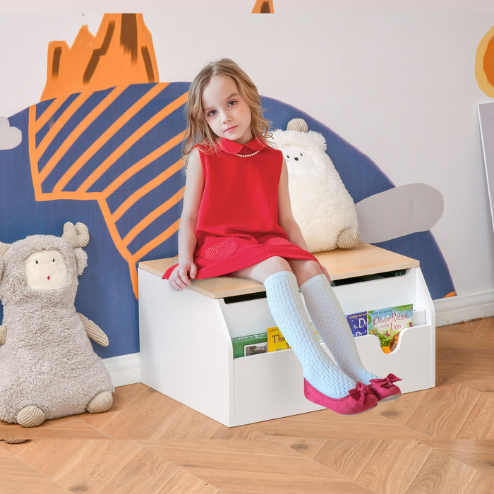 Kids Toy Storage Chest with Book Slot - Durable White Wooden Organizer with Safety Hinge for Playroom - Ideal for Children's Toys and Books