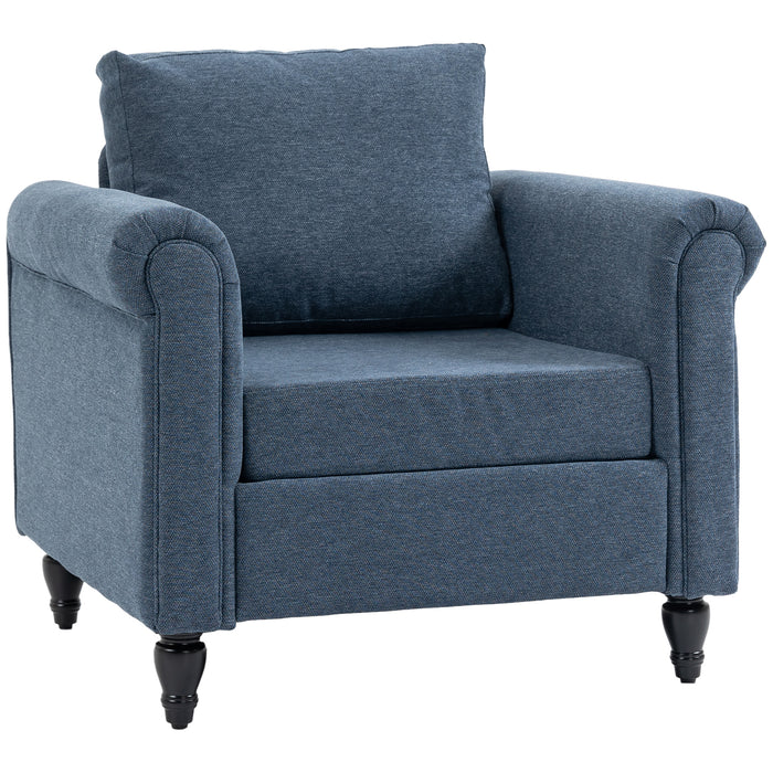 Vintage Tufted Accent Chair - Upholstered Lounge Armchair with Rubber Wood Legs and Rolled Arms in Dark Blue - Elegant Seating for Living Room or Reading Nook