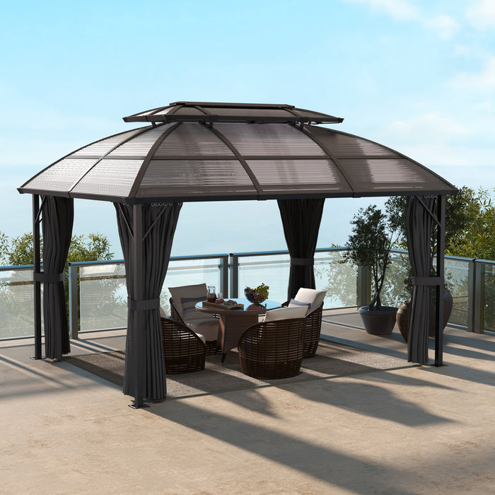 Aluminium Frame Gazebo 4x3m - Polycarbonate Double Roof with Curtains and Netting - Ideal for Lawn, Yard, Patio, and Deck Spaces in Brown
