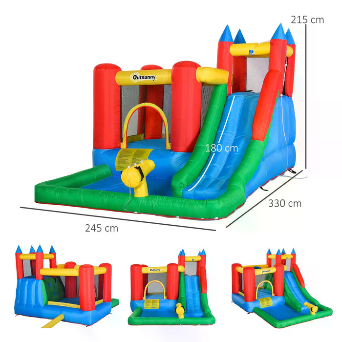 Kids 6-in-1 Inflatable Bouncy Castle with Water Slide - Bounce House with Jumping Area, Climbing Wall, Water Pool, Spray Gun, Basketball Hoop - Ultimate Summer Backyard Playland for Children