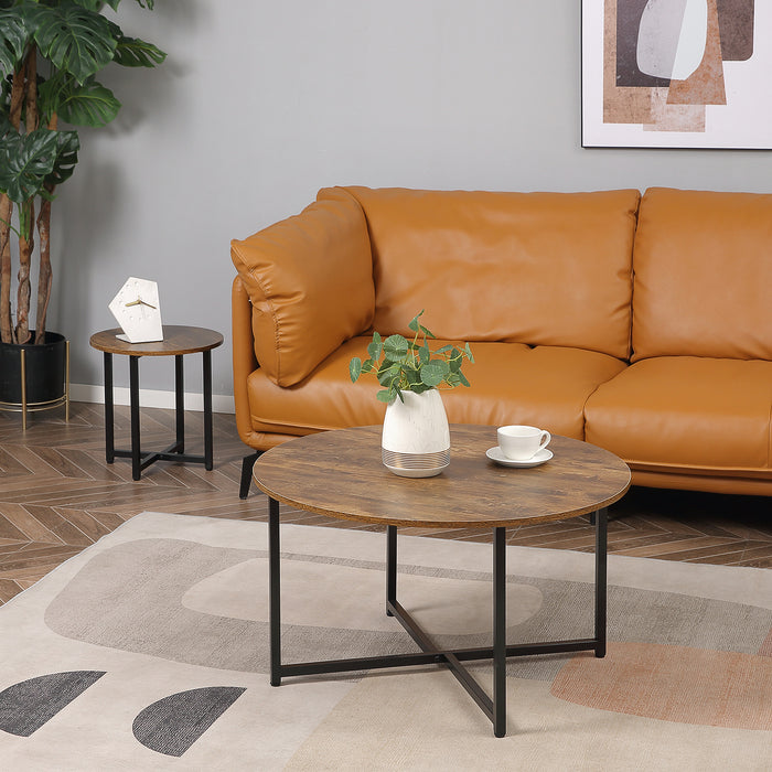 Nesting Round Coffee & Side Table Set of 2 - Rustic Brown with Industrial Metal Frame - Modern Living Room & Bedroom Furniture