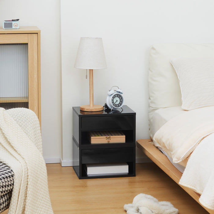Wall Mounted Nightstand with Drawer - 2 Pieces Space-Saving Bedside Table, 37x32x21cm, High Gloss Black - Ideal for Bedroom Organization and Style
