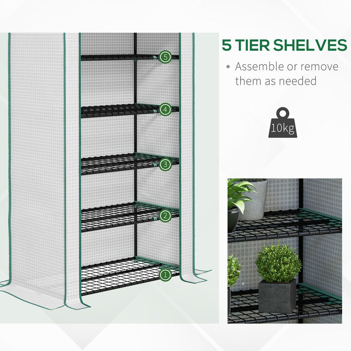 5 Tier Widened Mini Greenhouse with Sturdy PE Cover - Portable Gardening House with Roll-Up Zipper Door and Metal Wire Shelves - Ideal for Plant Protection and Growth, 193x90x49 cm, White
