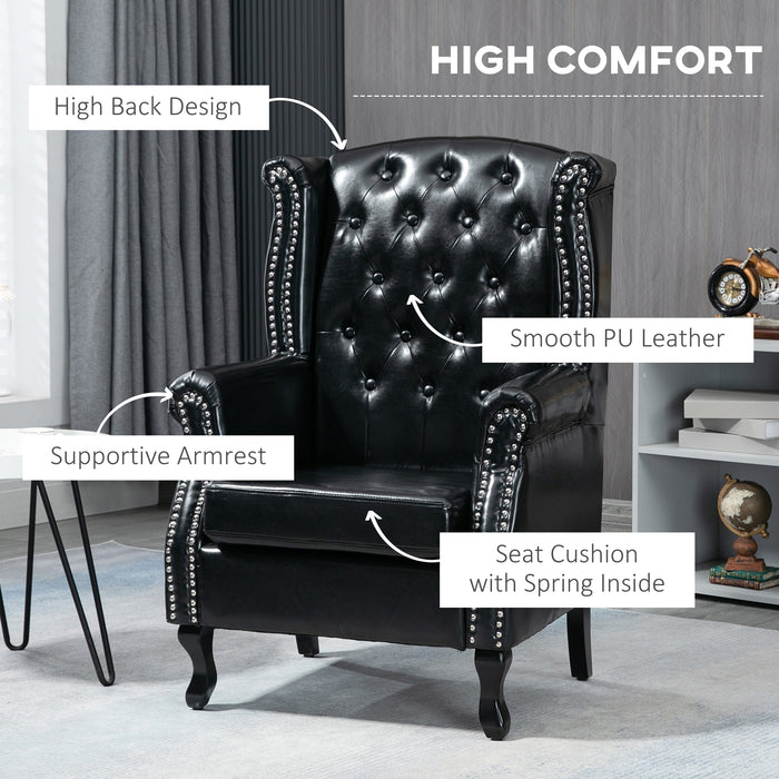 Tufted Wingback Accent Chair - Chesterfield Style Armchair with Nailhead Trim - Elegant Seating for Living Room or Bedroom, Black