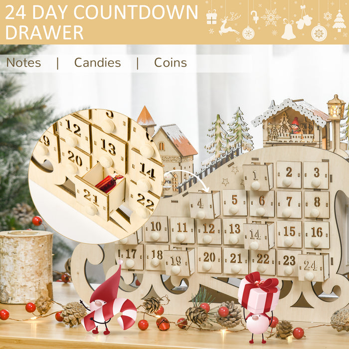 Light-Up Wooden Sled Advent Calendar - 24-Day Holiday Countdown with Drawers and Village Decor - Festive Christmas Tabletop Accent for Home Decoration