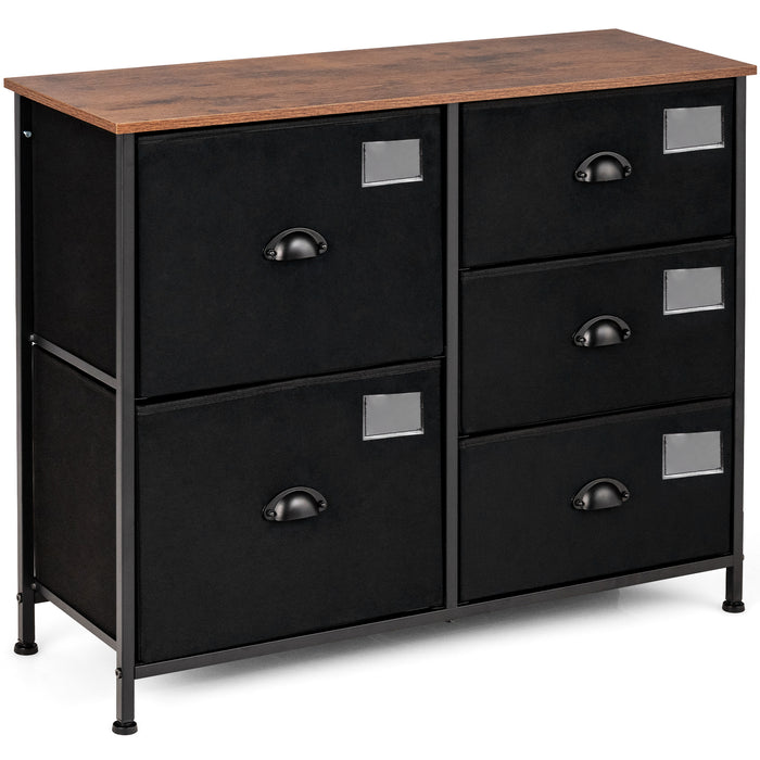 Black Dresser with 5 Drawers - Chest of Drawers featuring Wooden Top and Metal Frame - Ideal Storage Solution for Bedrooms and Living Rooms