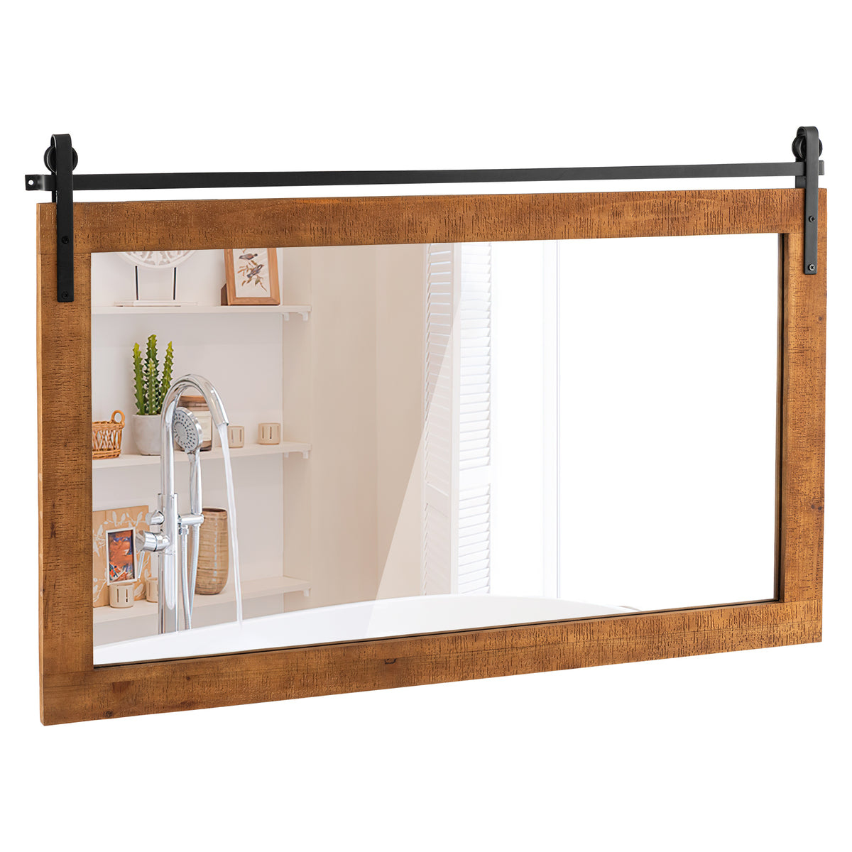 Fir Wood Frame Farmhouse Mirror - Bathroom Wall-Mounted in Brown Tone - Ideal for Rustic Home Decor and Space Enhancement