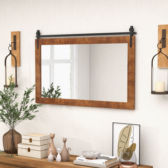 Fir Wood Frame Farmhouse Mirror - Bathroom Wall-Mounted in Brown Tone - Ideal for Rustic Home Decor and Space Enhancement