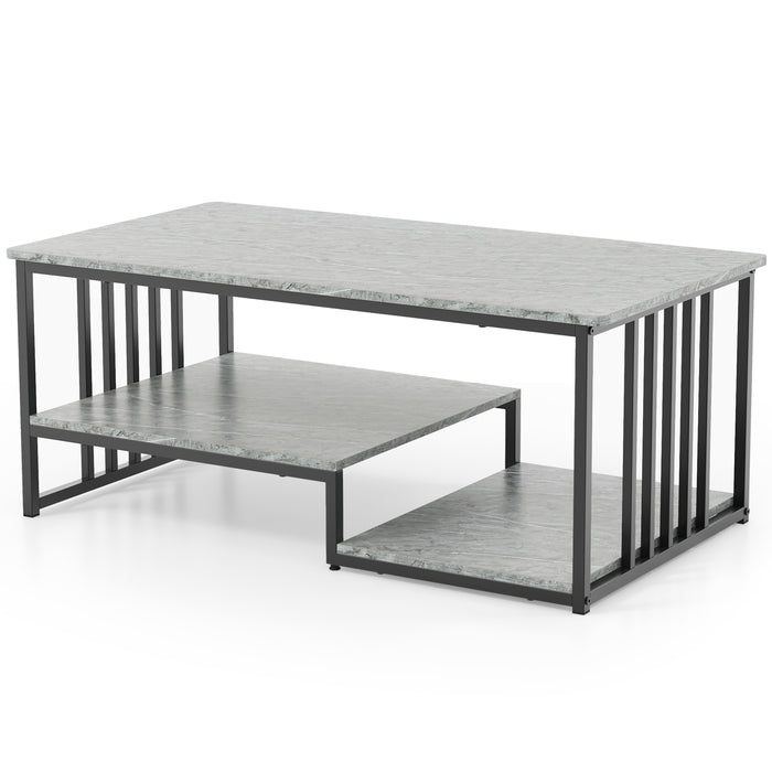 Faux Marble - Coffee Table with Open Storage Shelf in Grey - Perfect for Small Living Room Spaces with a Need for Extra Storage