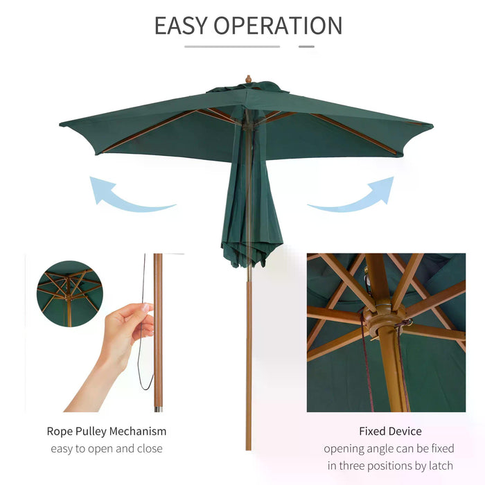 Garden Patio Parasol Umbrella - 2.5m Wooden Frame and Dark Green Canopy - Ideal Sun Shade for Outdoor Leisure and Entertaining
