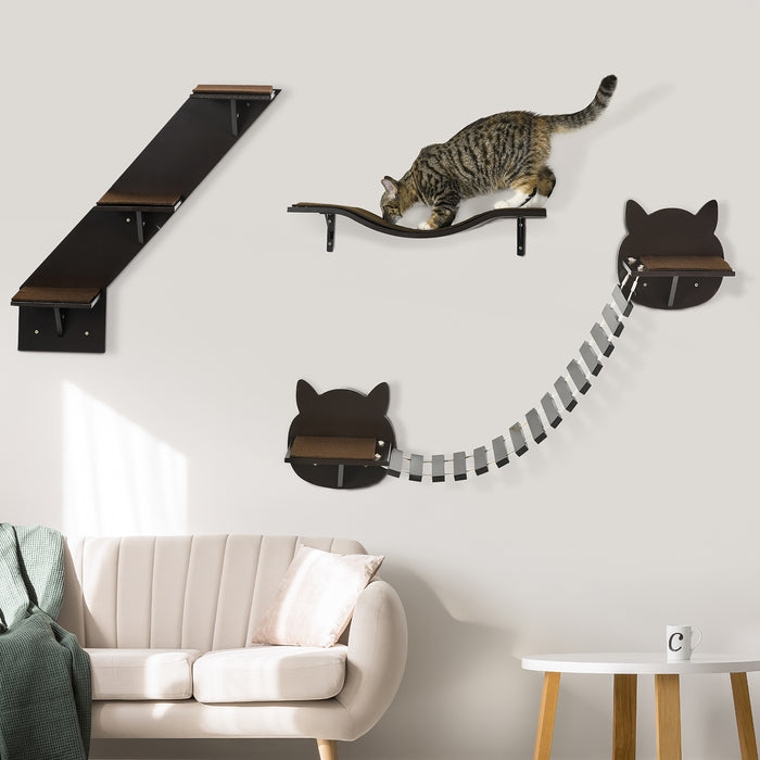 Cat Climbing Shelf Set - 3PC Wall-Mounted Jumping Platforms, Ladders for Active Cats - Kitten Activity Center in Coffee Brown