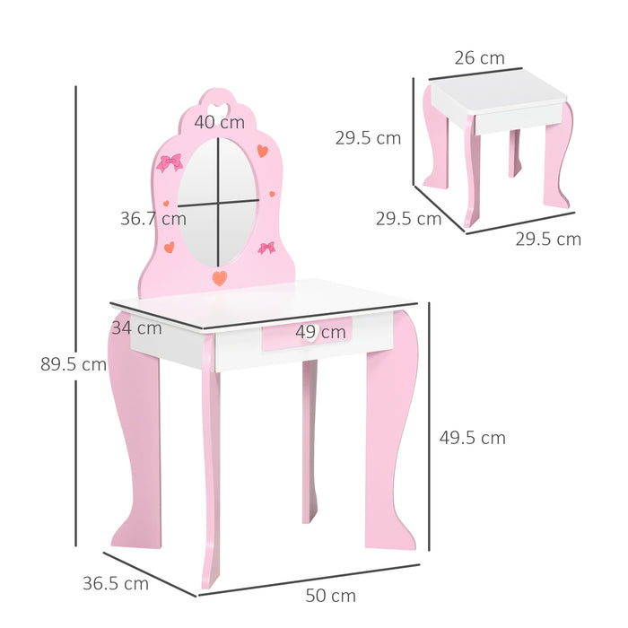 Kids Vanity Table and Stool Set - Pink Makeup Desk with Mirror, Drawer, and Cute Patterns - Ideal for Girls Aged 3-6 Years Old
