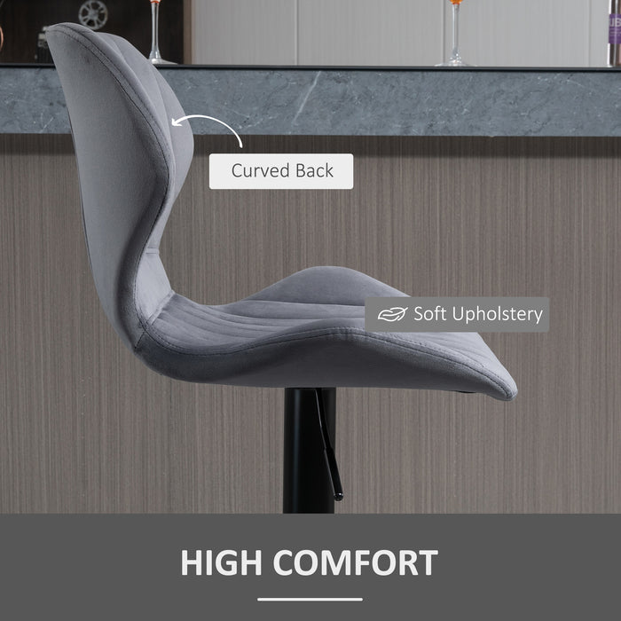 Velvet-Touch Fabric Swivel Bar Stools - Set of 2 Adjustable Height Counter Chairs with Footrest, Grey - Ideal for Home Bar or Kitchen Island Seating