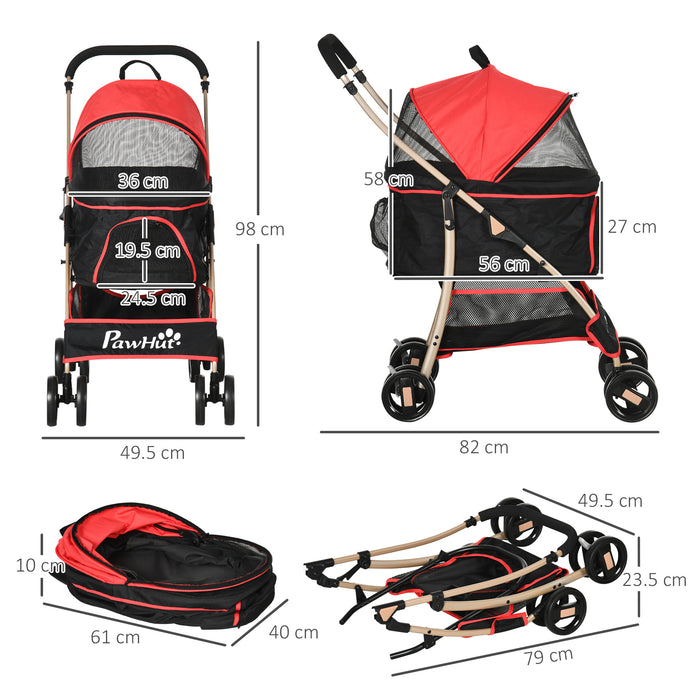 3-in-1 Detachable Pet Stroller - Foldable Dog and Cat Travel Carriage with Universal Wheel and Brake System, Red - Ideal for Extra Small & Small Sized Pets Outdoor Expeditions