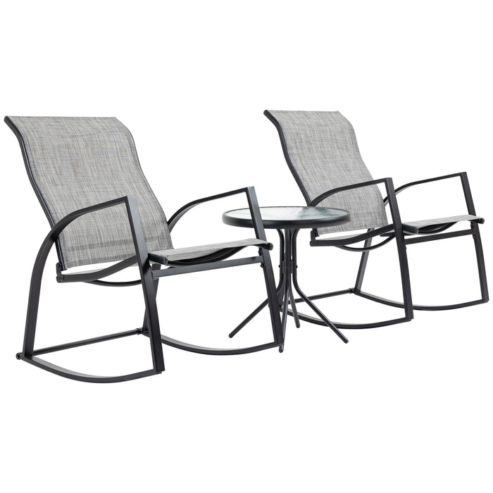 3-Piece Patio Bistro Set - Rocking Chairs with Tempered Glass Table for Outdoor Use - Ideal for Garden, Porch, Poolside Comfort in Grey