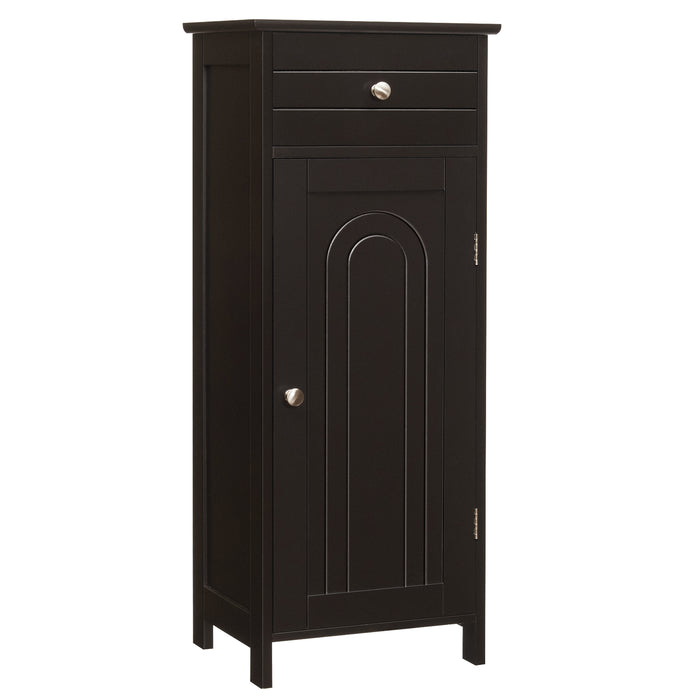 Freestanding 1-Door Bathroom Storage Cabinet - Adjustable Shelves and Drawer in Coffee Finish - Ideal for Organizing Bathroom Essentials