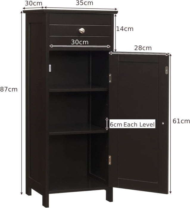 Freestanding 1-Door Bathroom Storage Cabinet - Adjustable Shelves and Drawer in Coffee Finish - Ideal for Organizing Bathroom Essentials
