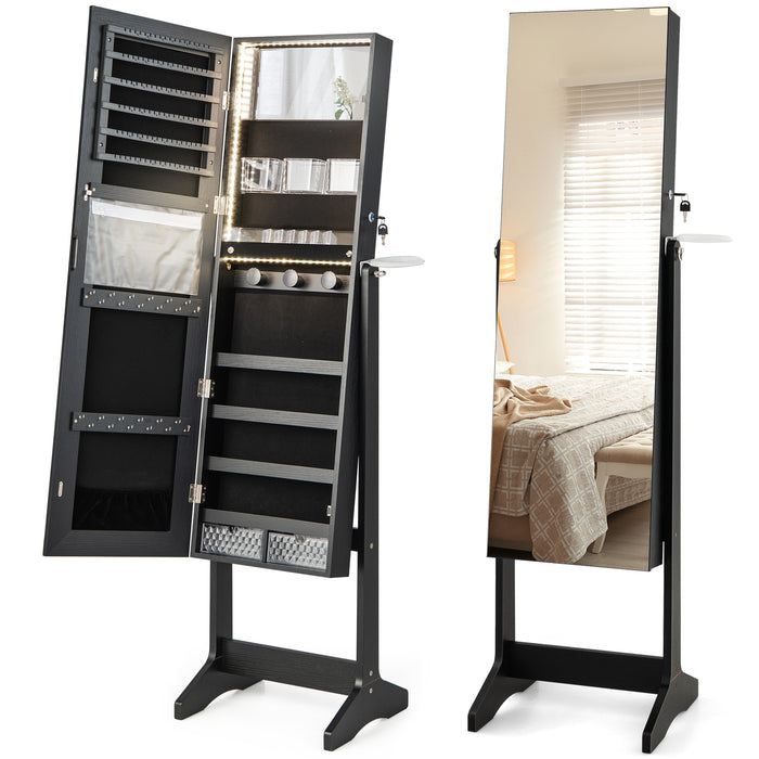 Freestanding LED Jewellery Cabinet - Mirrored with Keyhole Design in Black - Ideal for Organizing and Securing Jewellery Items
