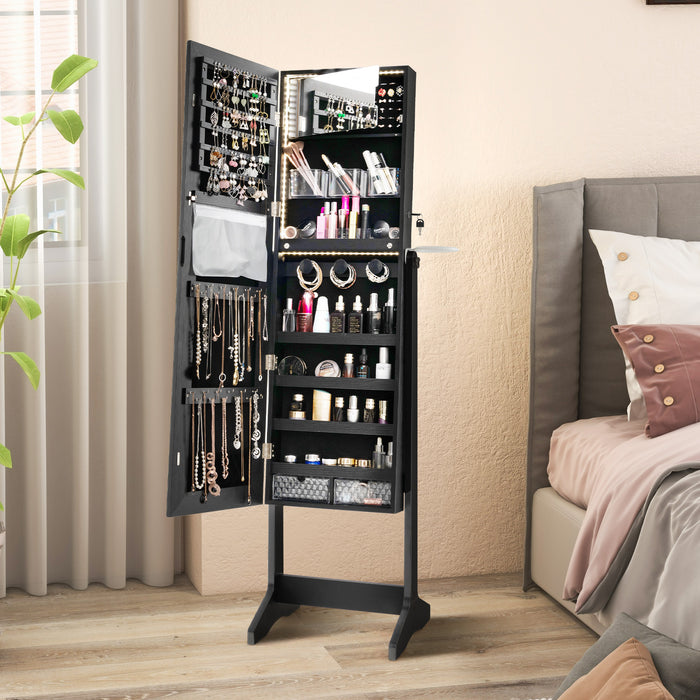Freestanding LED Jewellery Cabinet - Mirrored with Keyhole Design in Black - Ideal for Organizing and Securing Jewellery Items