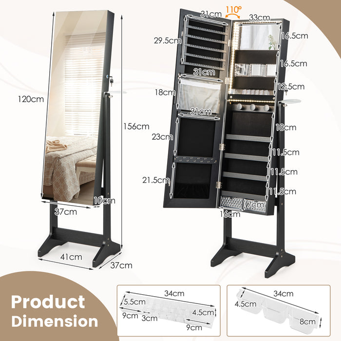 Freestanding LED Jewellery Cabinet - Mirrored with Keyhole Design in Black - Ideal for Organizing and Securing Jewellery Items