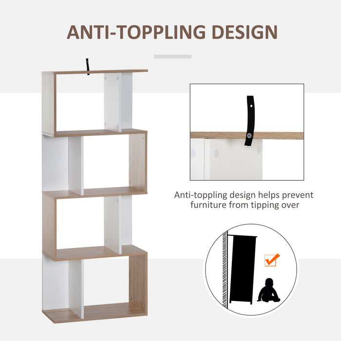 4-Tier Particle Board S-Shaped Bookcase - Modern Storage Display Shelving Unit - Elegant Room Divider for Home or Office Decor