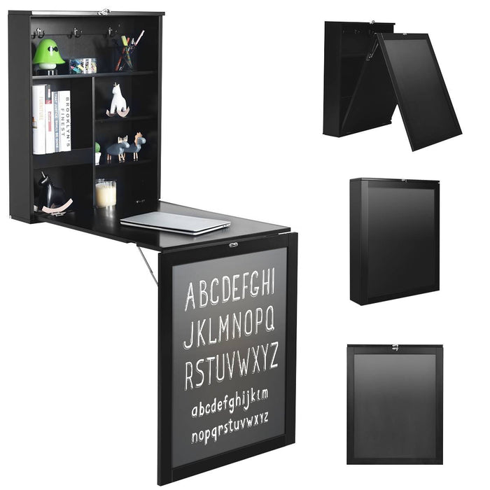 Floating Computer Desk - Wall Mounted with 3-Tier Tilt Storage Partition in Black - Ideal for Space Saving and Organized Workspace