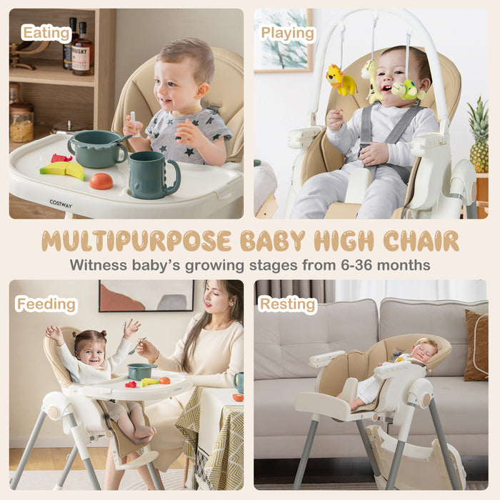 4-in-1 Folding High Chair - Baby High Chair with 7 Adjustable Heights and 4 Reclining Angles, Yellow - Ideal for Multiple Stages of Baby's Development