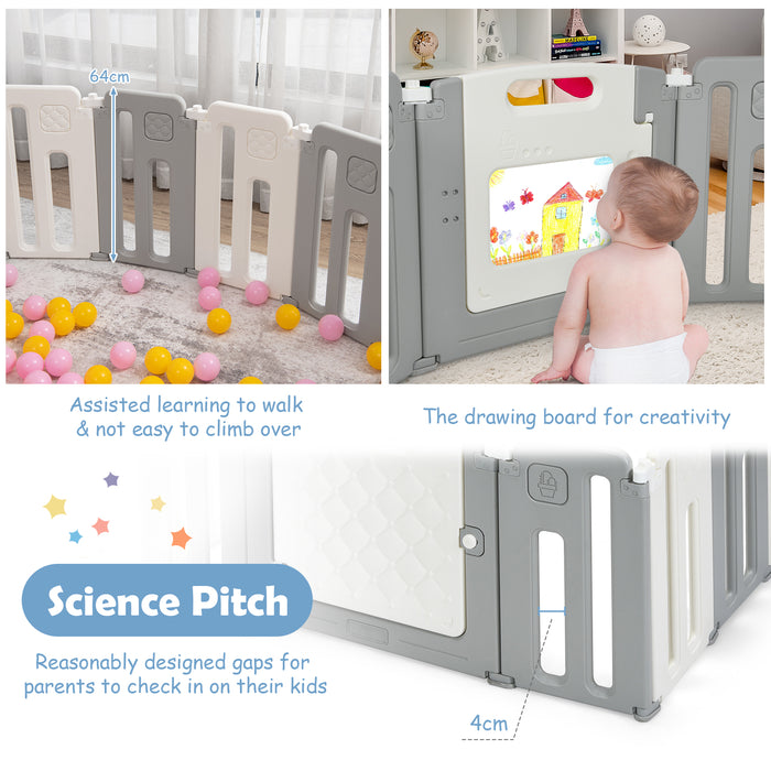 Foldable Baby Playpen - Indoor and Outdoor Compatible with Drawing Board, Grey - Ideal for Engaging Infant Play Time