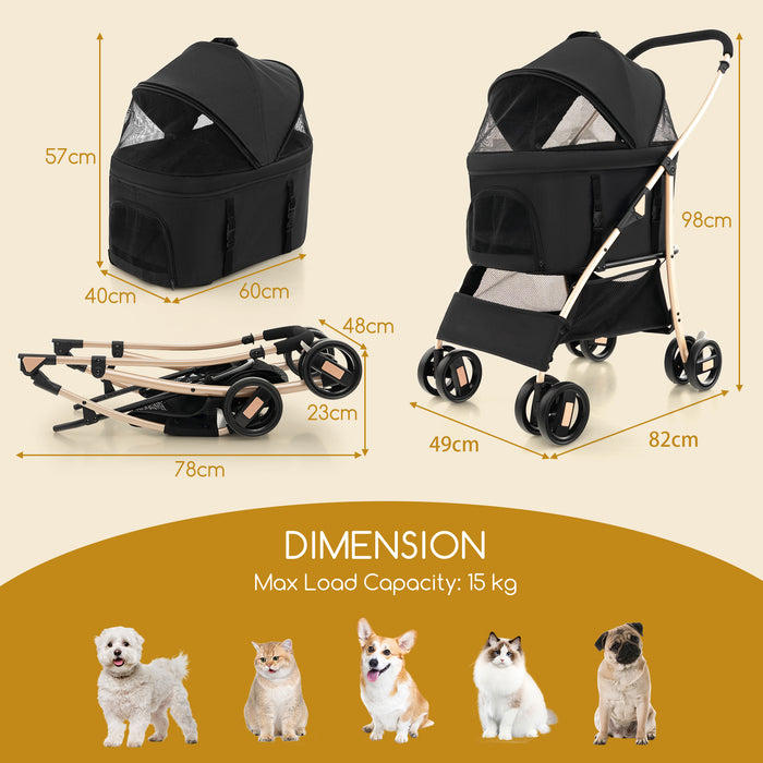 Pet Gear Stroller - Foldable Pet Stroller with 4-Level Adjustable Canopy, Storage Basket in Black - Ideal for Easy Transport of Your Pet and Convenience on Outings