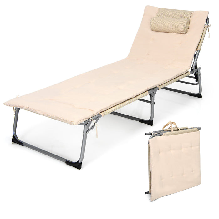 Adjustable Beige Sun Lounger - Features Soft Mattress and Removable Pillow, Ultimate Comfort - Ideal for Patio Relaxation and Sunbathing