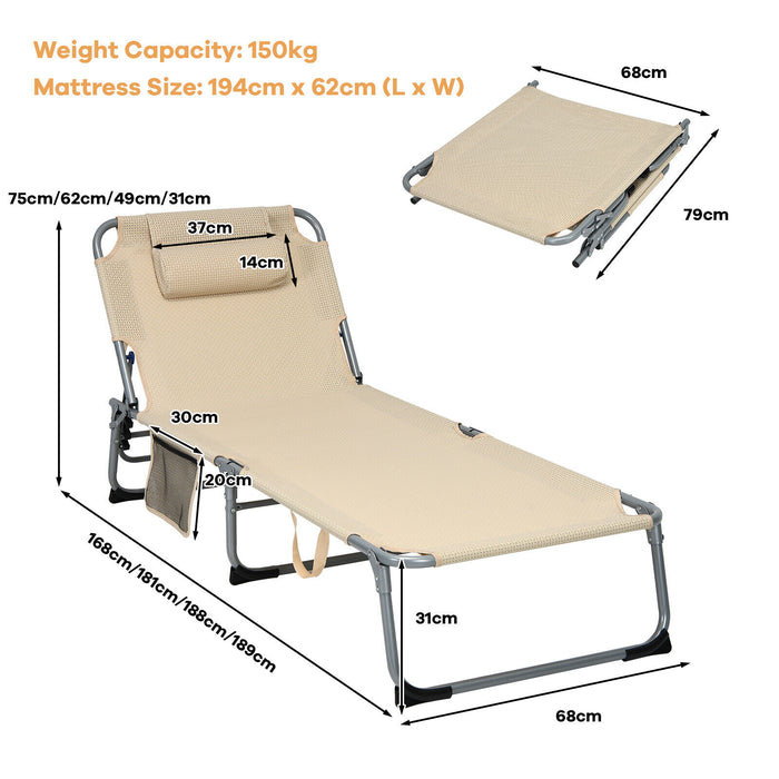 Adjustable Beige Sun Lounger - Features Soft Mattress and Removable Pillow, Ultimate Comfort - Ideal for Patio Relaxation and Sunbathing
