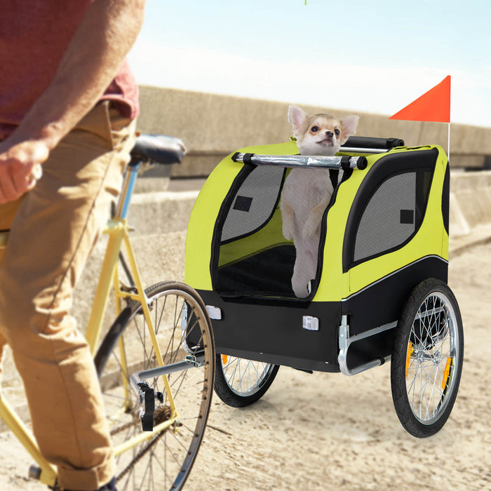 Bike Pet Trailer with Foldable Design - Green Carrier with 3 Zippered Entrances and 8 Reflectors - Ideal for Transportation of Pets on Cycling Trips