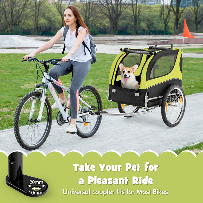 Bike Pet Trailer with Foldable Design - Green Carrier with 3 Zippered Entrances and 8 Reflectors - Ideal for Transportation of Pets on Cycling Trips