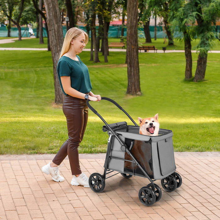 Pet Gear - Compact Folding Pet Stroller with Storage Pockets and Skylight, Grey - Ideal for Small to Medium Pets, Easy Travel Solution