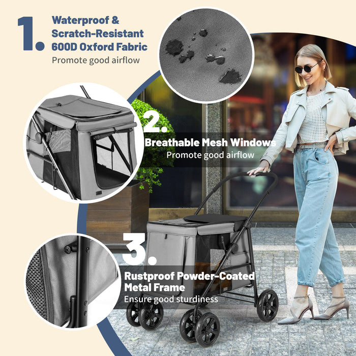 Pet Gear - Compact Folding Pet Stroller with Storage Pockets and Skylight, Grey - Ideal for Small to Medium Pets, Easy Travel Solution