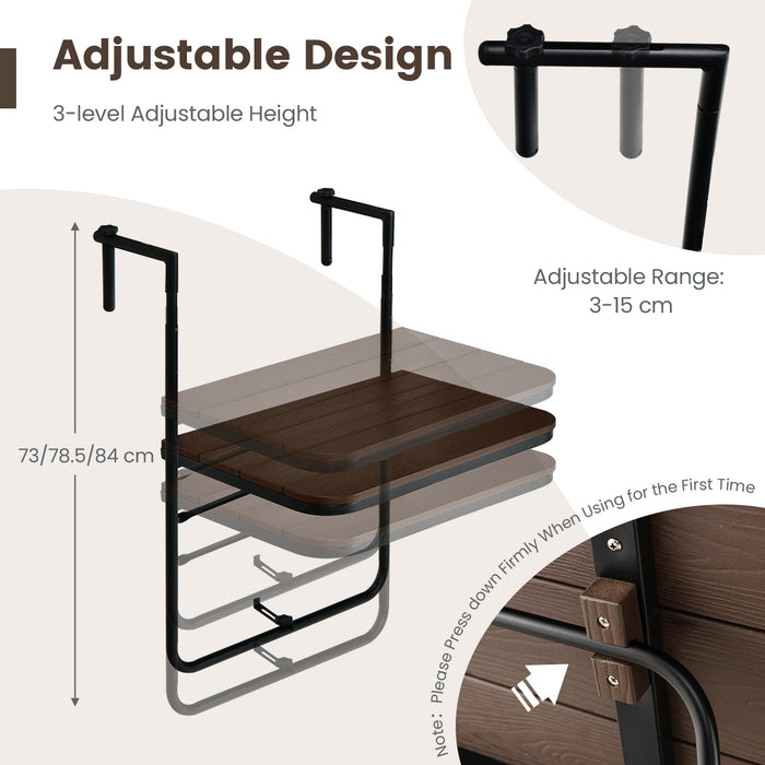 Patio Black Folding Railing Table - Features Adjustable 3-Level Height - Ideal for Space Saving Outdoor Furniture
