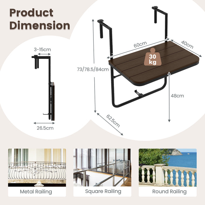 Patio Black Folding Railing Table - Features Adjustable 3-Level Height - Ideal for Space Saving Outdoor Furniture