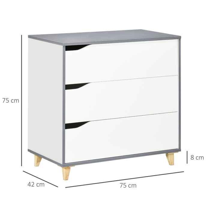 3-Drawer Bedroom Chest - Pine Wood Leg Storage Cabinet for Organizing Essentials - Ideal for Bedroom and Living Room Spaces, White, 75x42x75cm
